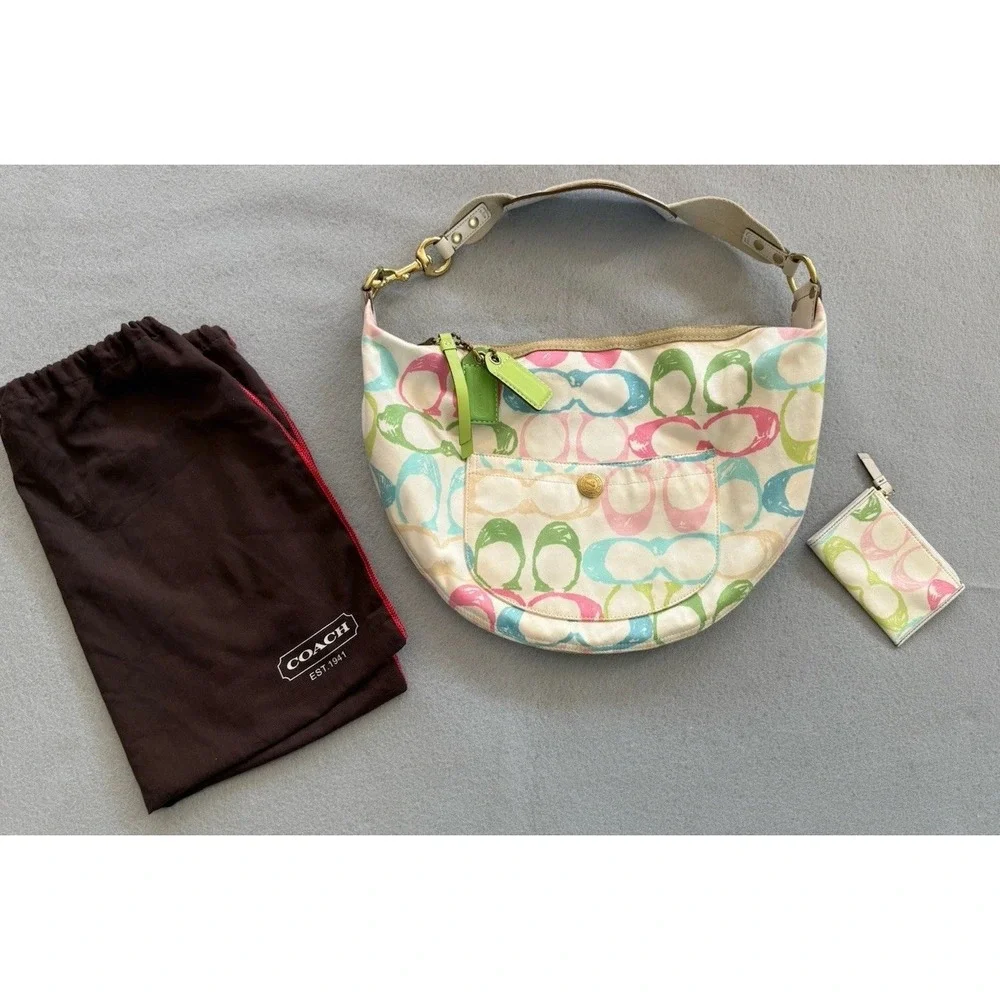 VTG Coach Hampton Scribble White Pastel Fabric Hobo Purse Shoulder Bag Y2K